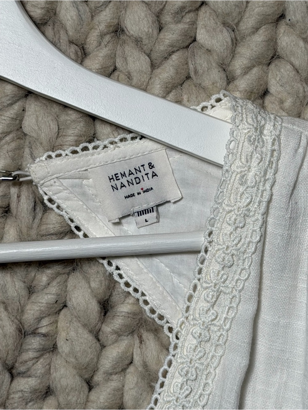 HEMANT & NANDITA-Boho Lace Trim White Mini Dress - Picture 3 of 8